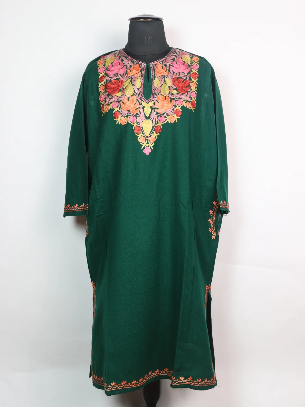 Yusra Kashmiri Pheran In Cashmilon wool With Aari Embroidery | Green