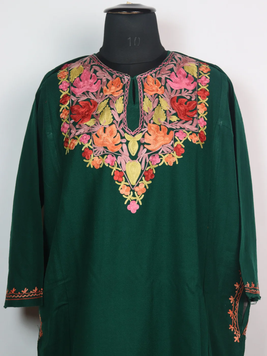 Yusra Kashmiri Pheran In Cashmilon wool With Aari Embroidery | Green - Image 2