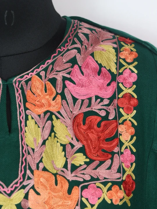 Yusra Kashmiri Pheran In Cashmilon wool With Aari Embroidery | Green - Image 3