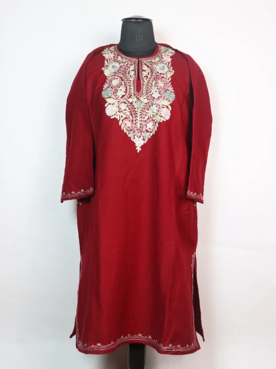 Husna Kashmiri Pheran In Cashmilon wool With Aari Embroidery | Red