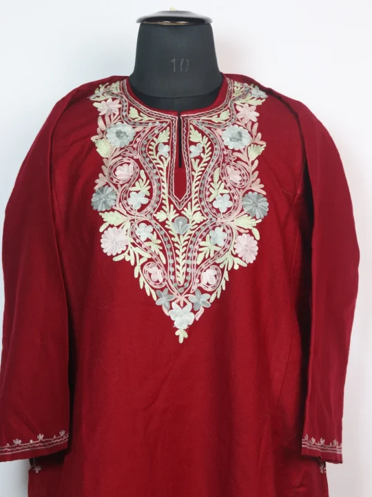 Husna Kashmiri Pheran In Cashmilon wool With Aari Embroidery | Red - Image 2