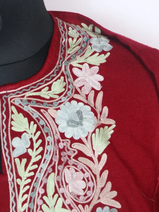 Husna Kashmiri Pheran In Cashmilon wool With Aari Embroidery | Red - Image 3