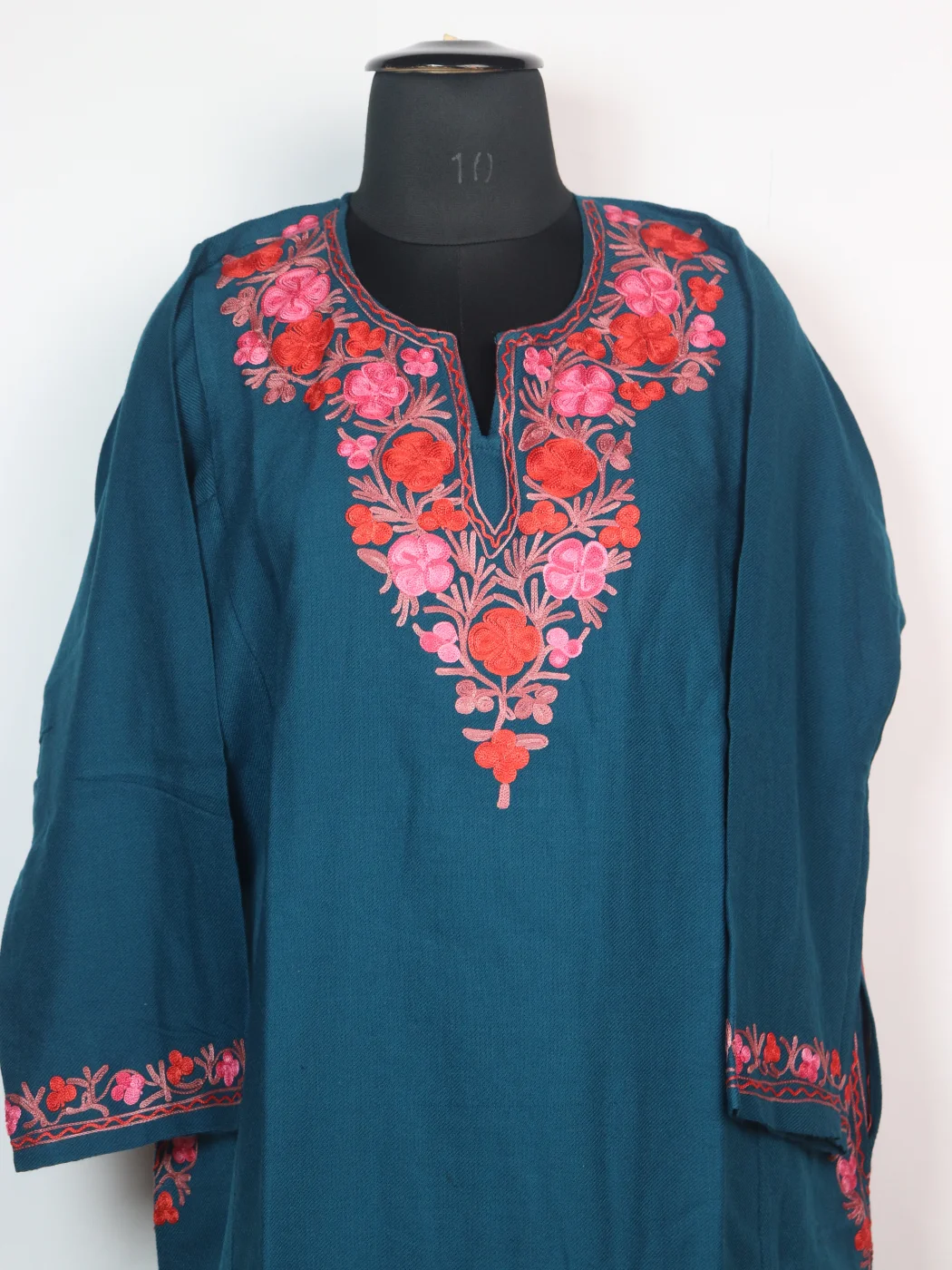 Kashmiri Pheran In Cashmilon wool With Aari Embroidery | Teal | Insha - Image 2