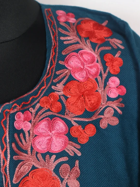 Kashmiri Pheran In Cashmilon wool With Aari Embroidery | Teal | Insha - Image 3