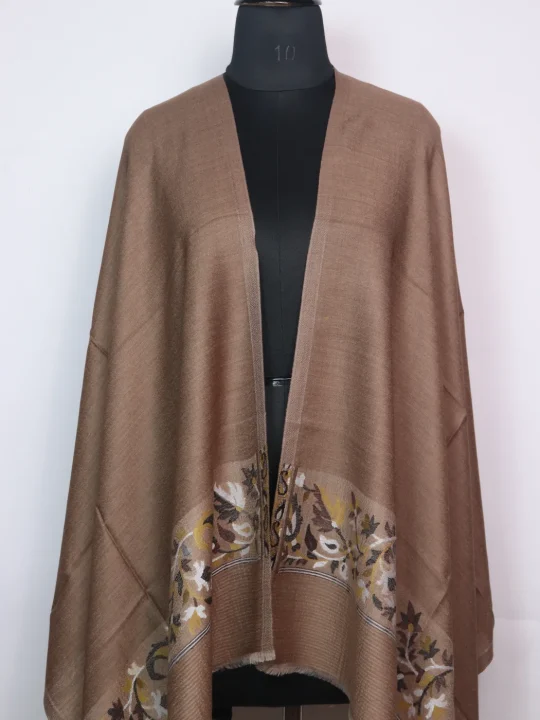 Dilara Kashmiri Stole In Fine Wool With Palla Kani Work | Taupe Brown - Image 2