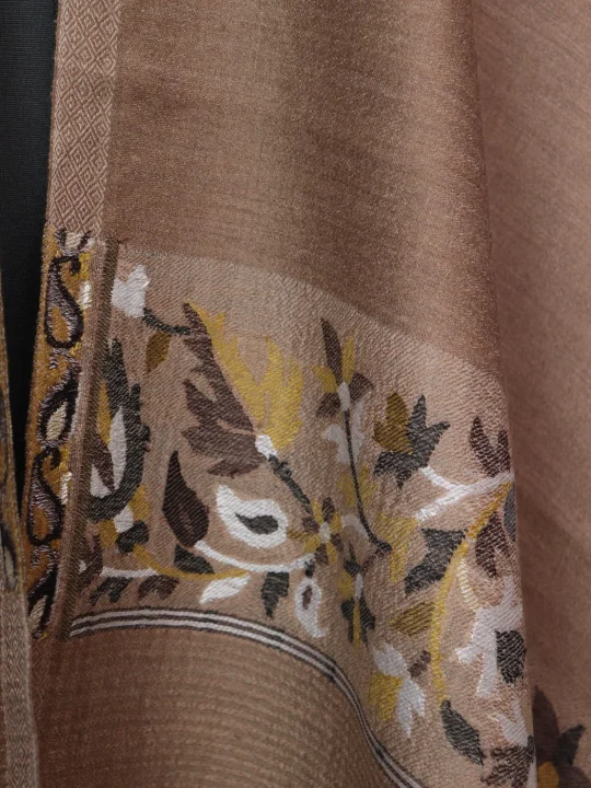 Dilara Kashmiri Stole In Fine Wool With Palla Kani Work | Taupe Brown - Image 3