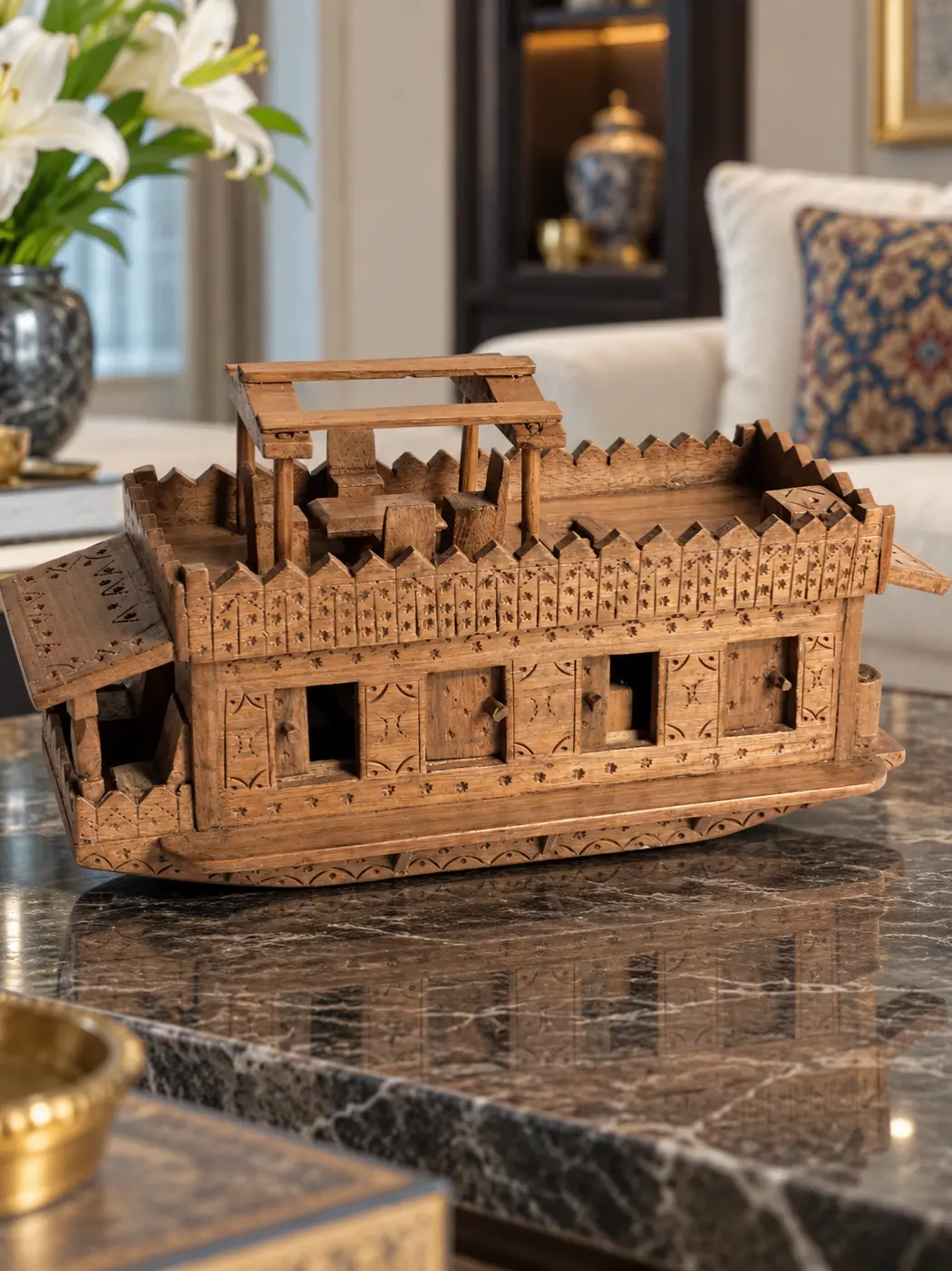 Dal-lake Kashmiri Hand Carved Walnut Wooden Houseboat For Decor