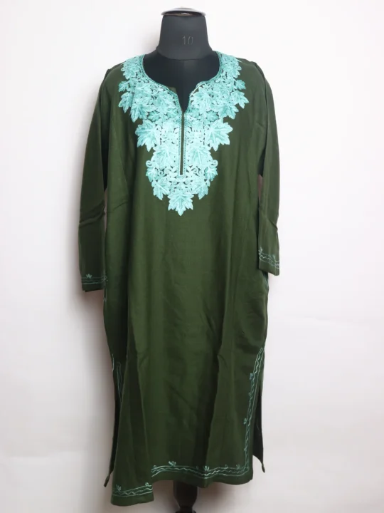 Siyam Kashmiri Pheran In Cashmilon wool With Aari Embroidery | Green