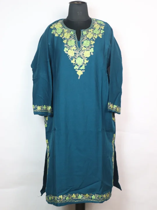 Insha Kashmiri Pheran In Cashmilon wool With Aari Embroidery | Teal