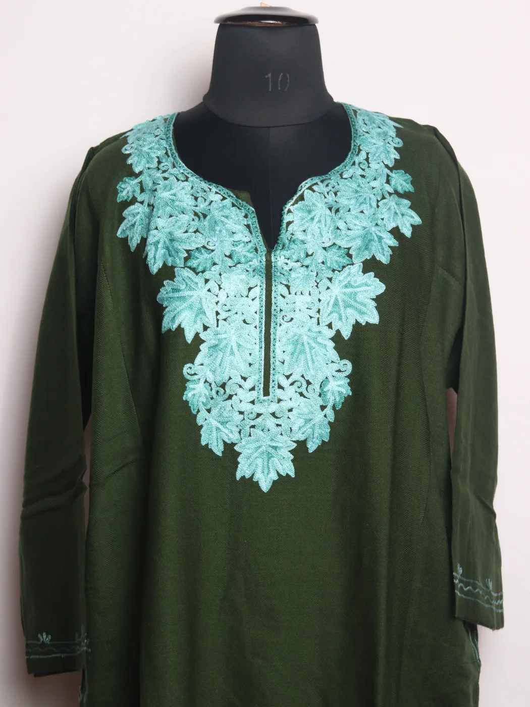 Siyam Kashmiri Pheran In Cashmilon wool With Aari Embroidery | Green - Image 2