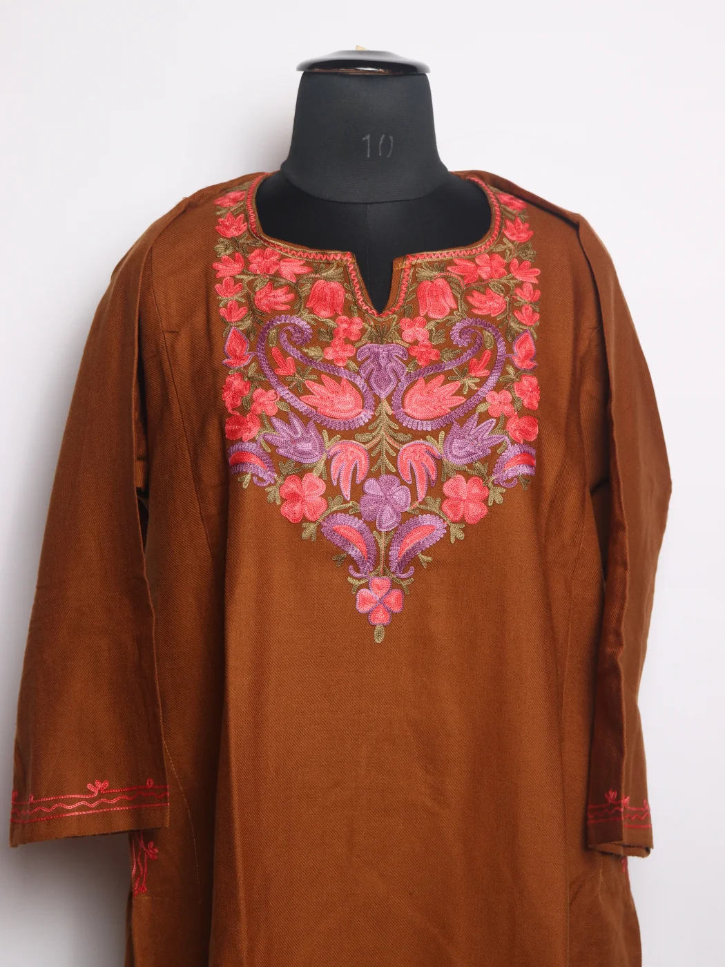 Siyam Kashmiri Pheran In Cashmilon wool With Aari Embroidery | Brown - Image 2