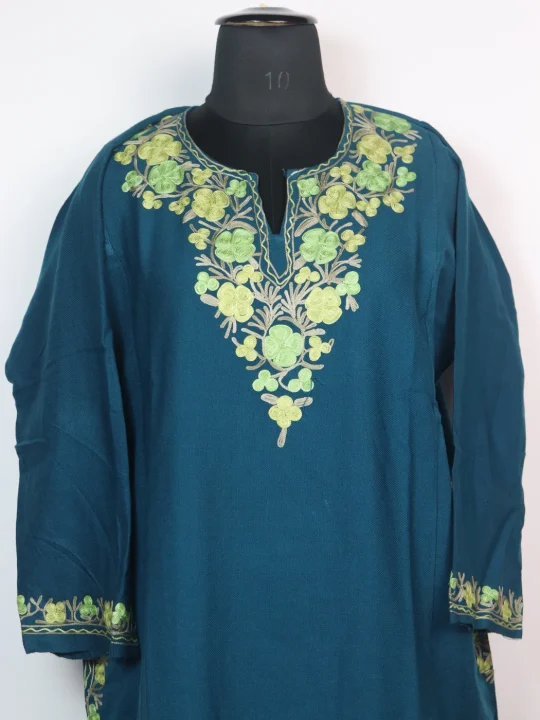 Insha Kashmiri Pheran In Cashmilon wool With Aari Embroidery | Teal - Image 2