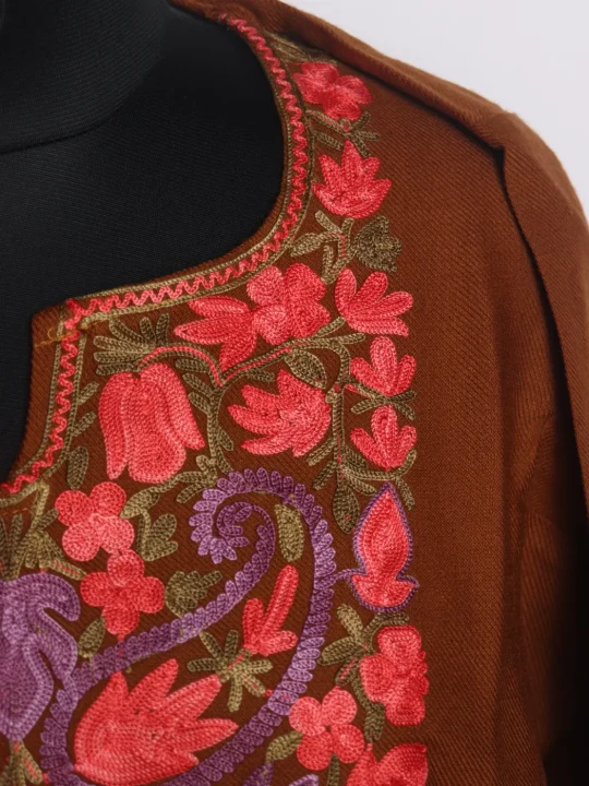 Siyam Kashmiri Pheran In Cashmilon wool With Aari Embroidery | Brown - Image 3