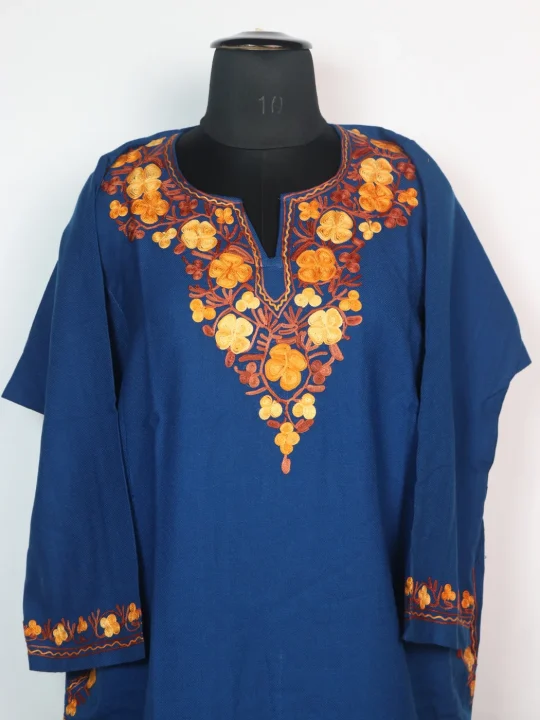 Blue Kashmiri Pheran In Cashmilon wool With Aari Embroidery | Insha - Image 2
