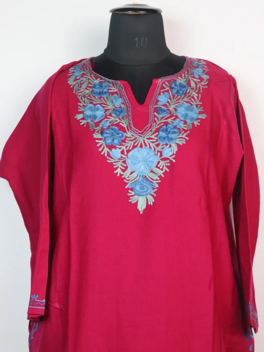 Magenta Kashmiri Pheran In Cashmilon wool With Aari Embroidery |  | Insha - Image 2