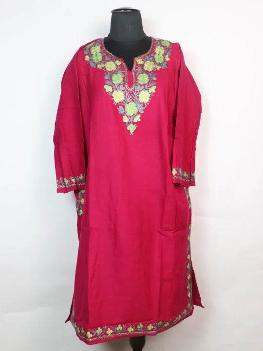 Kashmiri Pheran In Cashmilon wool With Aari Embroidery | Insha | Rani Pink