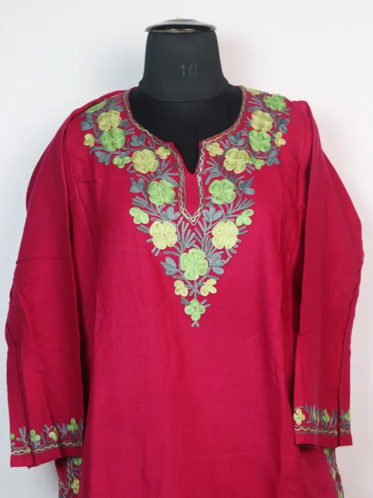 Kashmiri Pheran In Cashmilon wool With Aari Embroidery | Insha | Rani Pink - Image 2