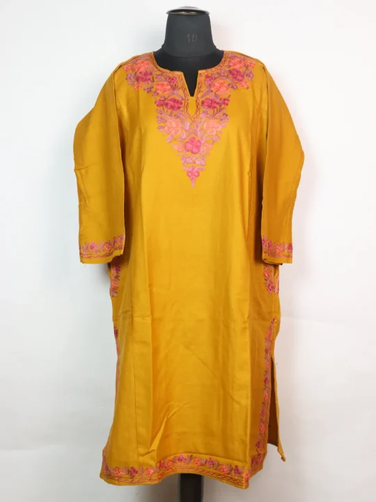 Kashmiri Pheran Insha In Cashmilon wool With Aari Embroidery | Yellow
