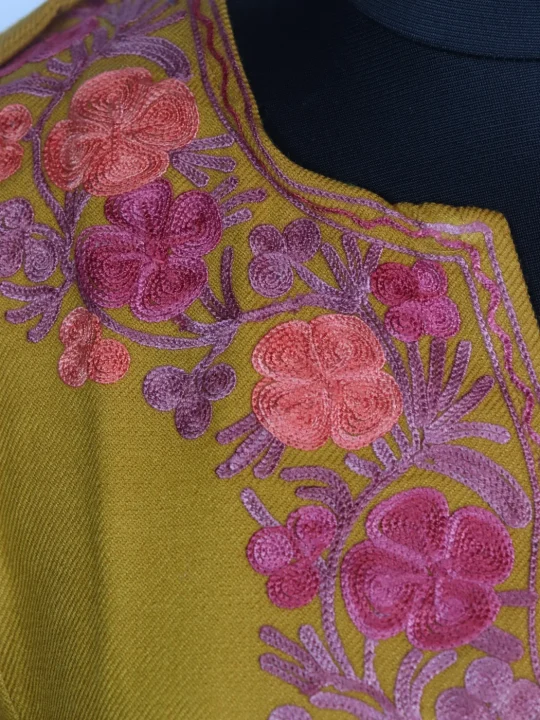 Kashmiri Pheran Insha In Cashmilon wool With Aari Embroidery | Yellow - Image 3