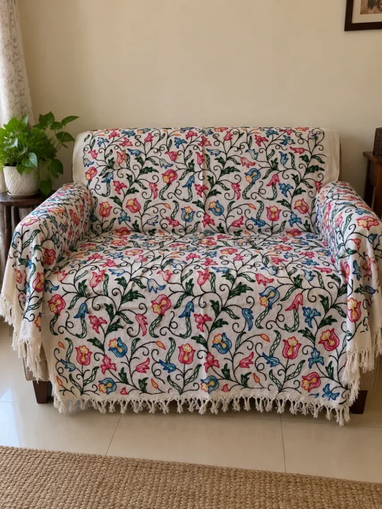 Madiha Kashmiri Sofa Throw Cover In Hand Crewel Embroidery