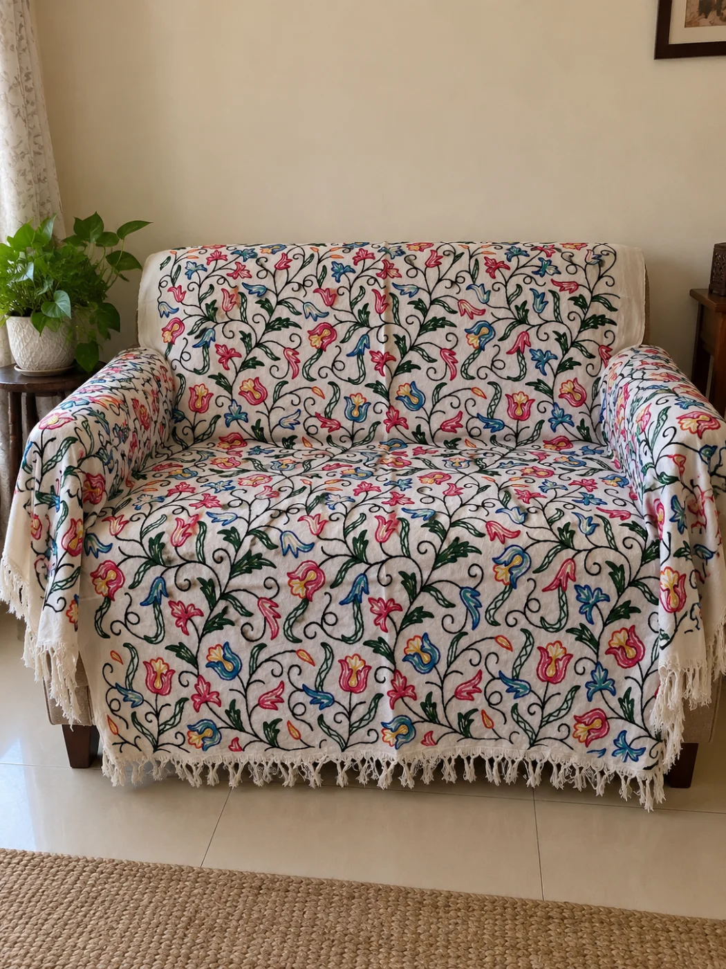 Madiha Kashmiri Sofa Throw Cover In Hand Crewel Embroidery