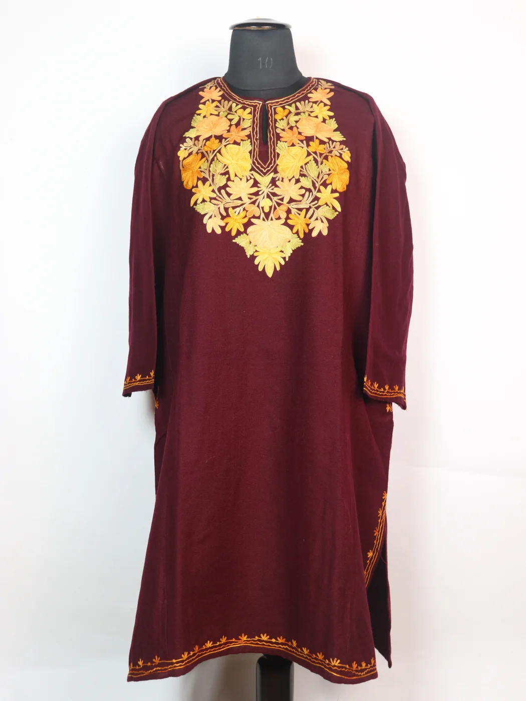 Sakeena Kashmiri Pheran In Cashmilon wool With Aari Embroidery | Maroon