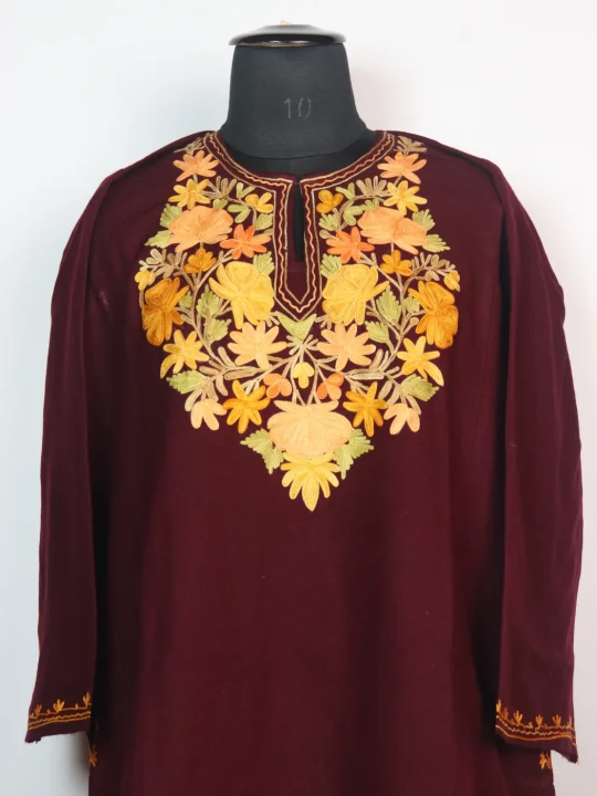 Sakeena Kashmiri Pheran In Cashmilon wool With Aari Embroidery | Maroon - Image 2