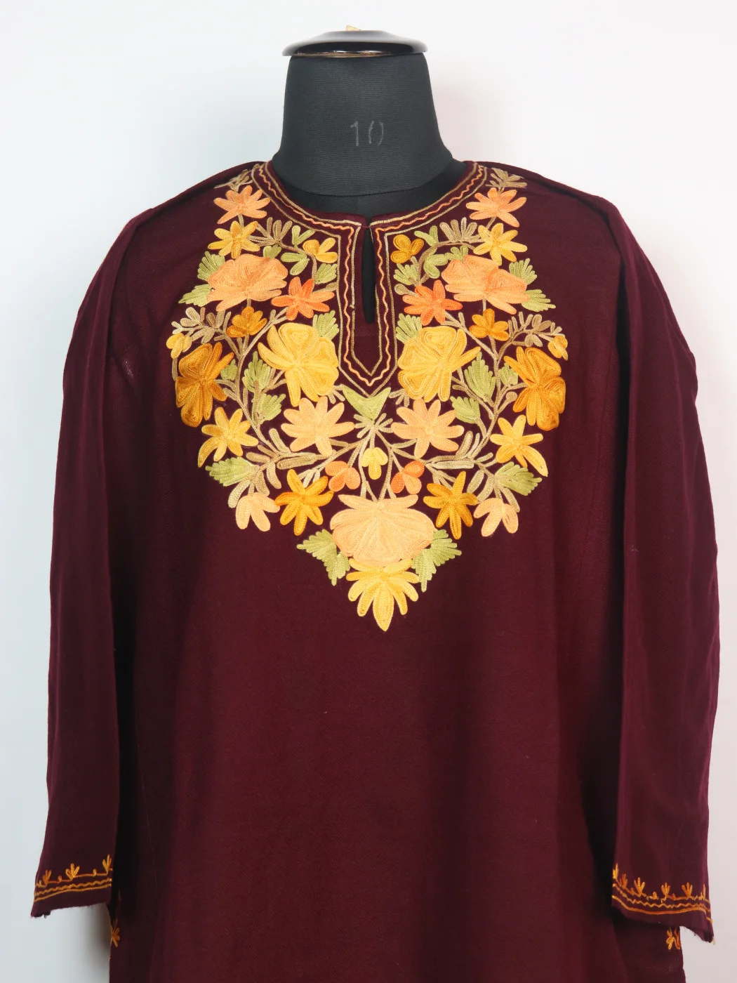 Sakeena Kashmiri Pheran In Cashmilon wool With Aari Embroidery | Maroon - Image 2