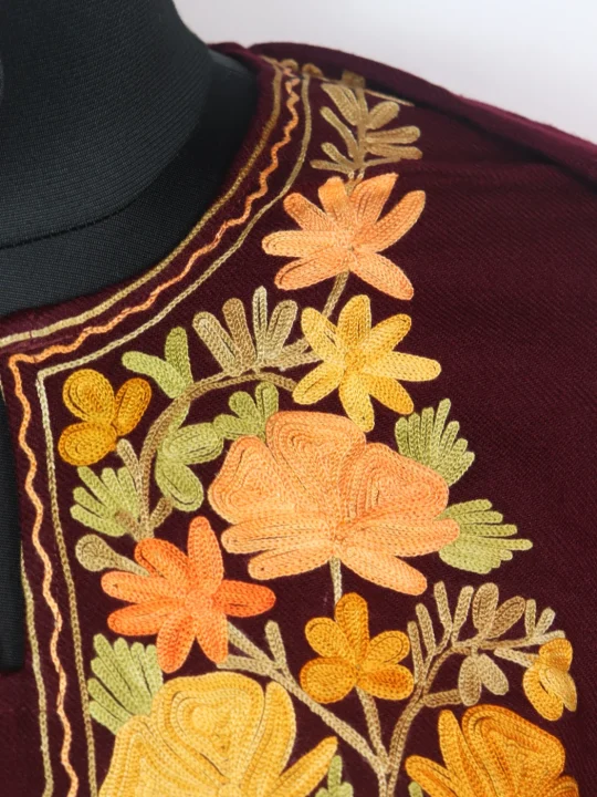 Sakeena Kashmiri Pheran In Cashmilon wool With Aari Embroidery | Maroon - Image 3