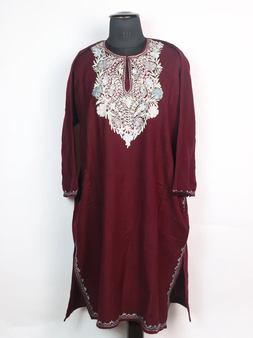 Kashmiri Pheran In Maroon Cashmilon wool With Aari Embroidery | Nazia
