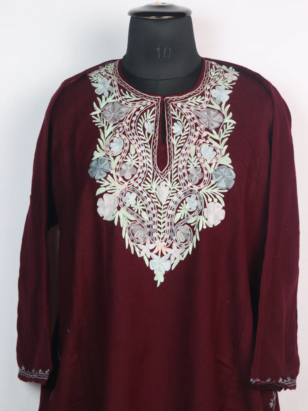 Kashmiri Pheran In Maroon Cashmilon wool With Aari Embroidery | Nazia - Image 2