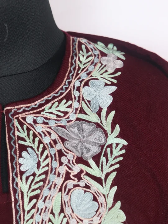 Kashmiri Pheran In Maroon Cashmilon wool With Aari Embroidery | Nazia - Image 3