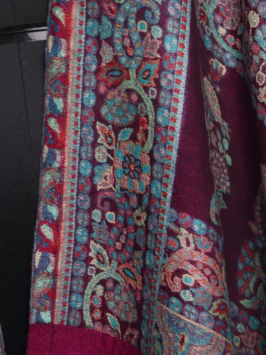 Ridwana Kashmiri Stole In Fine Wool With Palla Kani Work | Maroon - Image 3