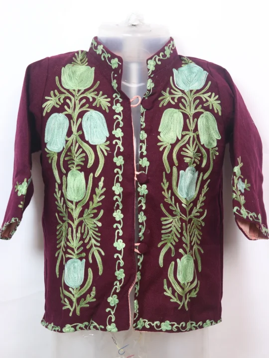 Zooni Kashmiri Kids Coat Maroon In Cashmilon Wool With Aari Embroidery And Jama Work (L16)