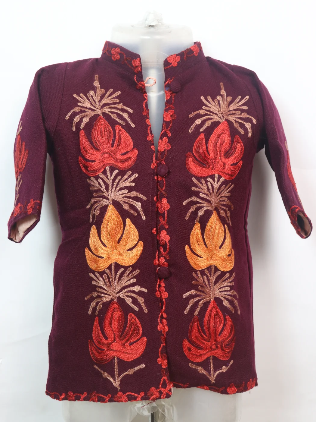 Sehrish Kashmiri Kids Coat Maroon In Cashmilon Wool With Aari And Jama Work (L18)