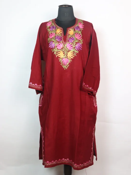Sana Kashmiri Pheran In Cashmilon wool With Aari Embroidery | Maroon