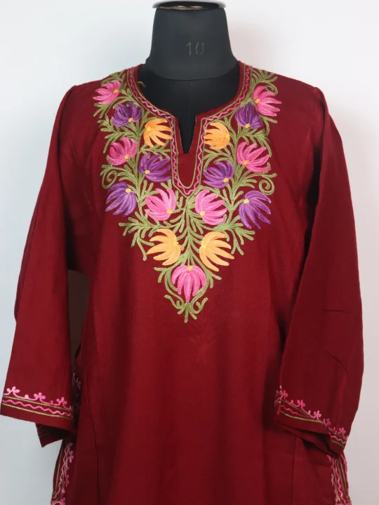 Sana Kashmiri Pheran In Cashmilon wool With Aari Embroidery | Maroon - Image 2