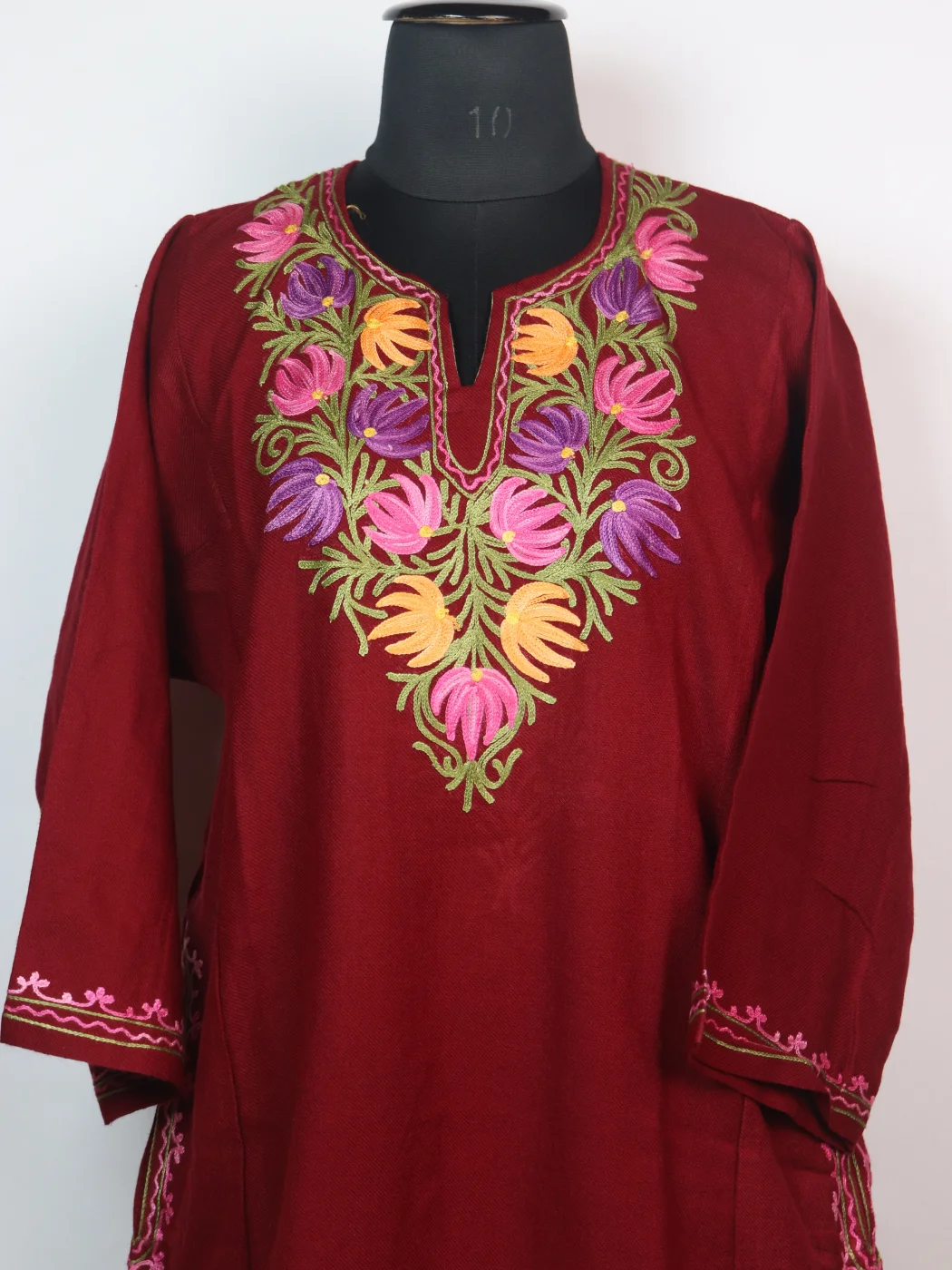 Sana Kashmiri Pheran In Cashmilon wool With Aari Embroidery | Maroon - Image 2