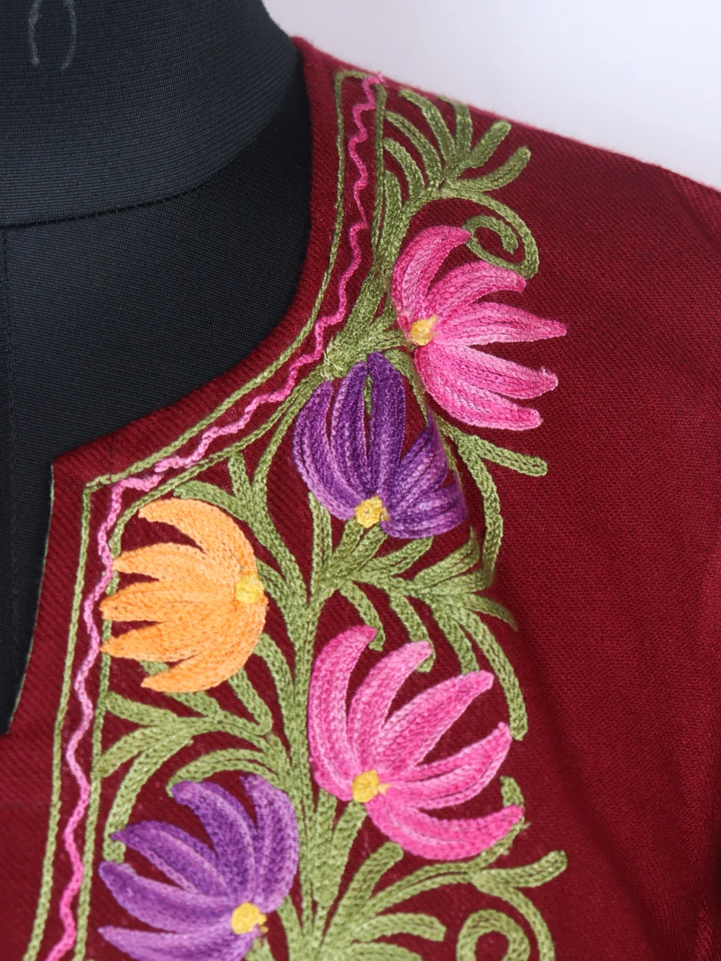 Sana Kashmiri Pheran In Cashmilon wool With Aari Embroidery | Maroon - Image 3