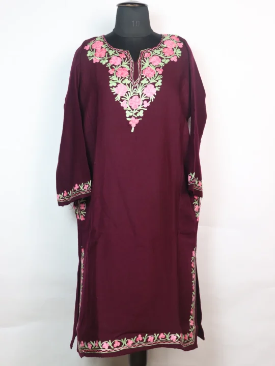Kashmiri Pheran In Cashmilon wool | Insha | Aari Embroidery | Maroon