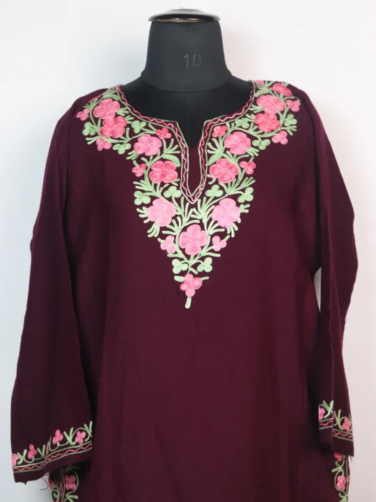 Kashmiri Pheran In Cashmilon wool | Insha | Aari Embroidery | Maroon - Image 2