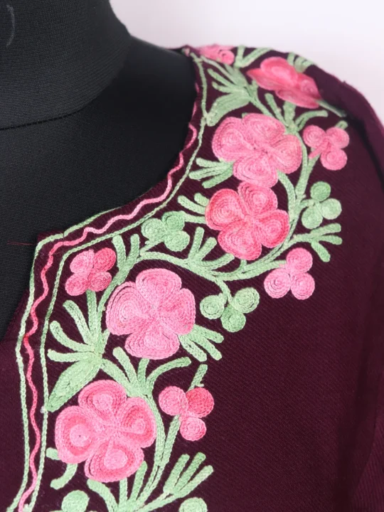 Kashmiri Pheran In Cashmilon wool | Insha | Aari Embroidery | Maroon - Image 3