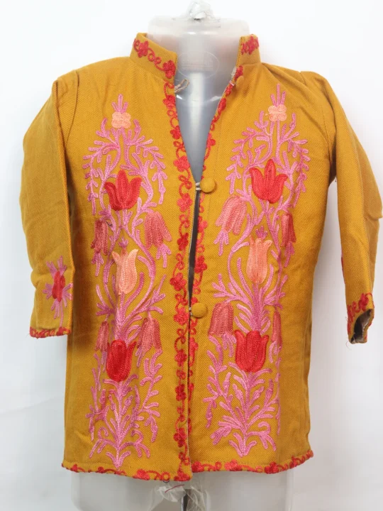 Haniya Kashmiri Kids Coat Mustard In Cashmilon Wool With Aari And Jama Work (L17)
