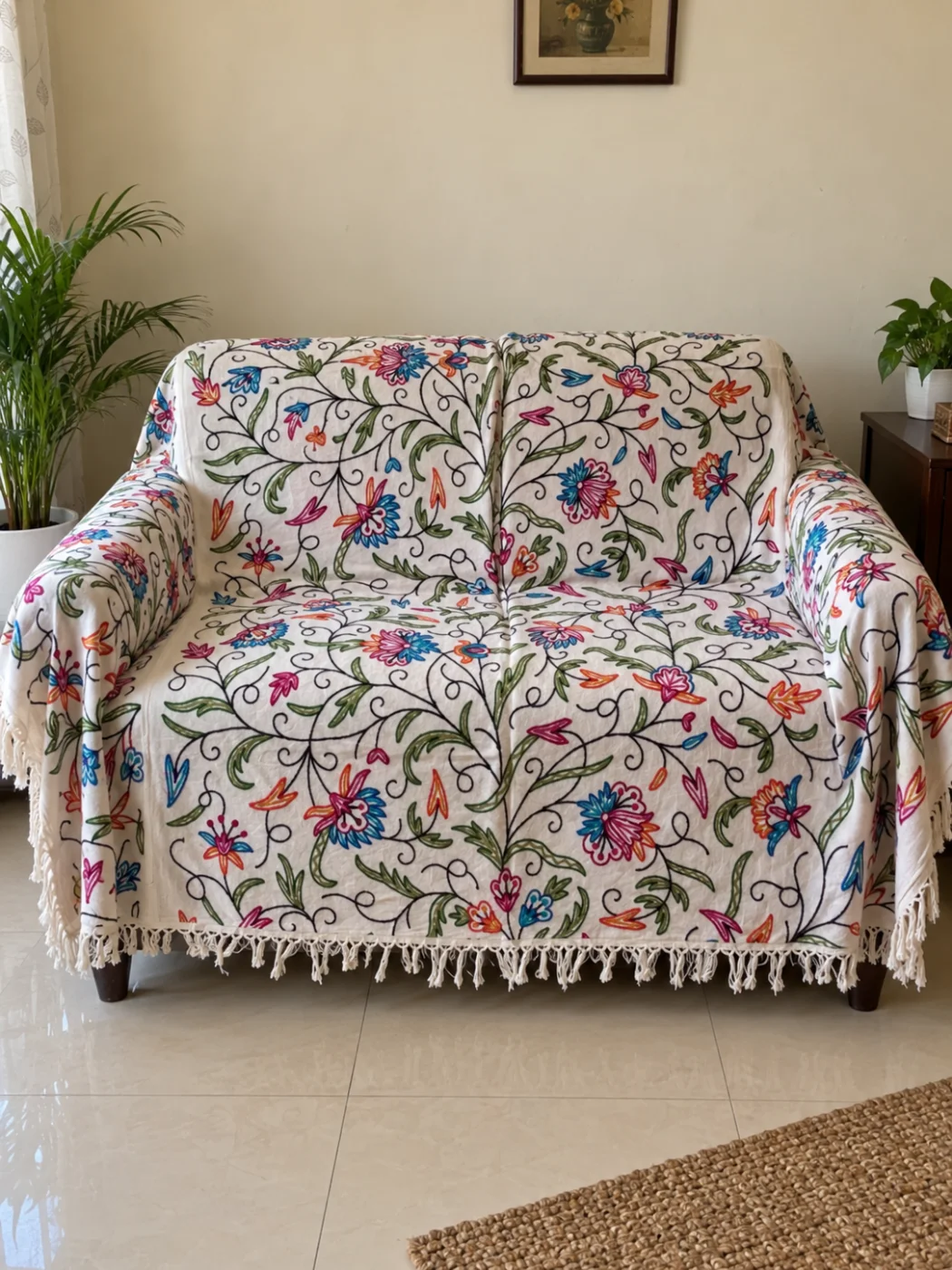Nashwa Kashmiri Sofa Throw Cover In With Hand Crewel Embroidery