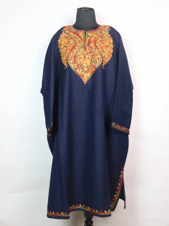 Aiman Kashmiri Pheran In Tweed Wool With Aari Embroidery | Navy Blue