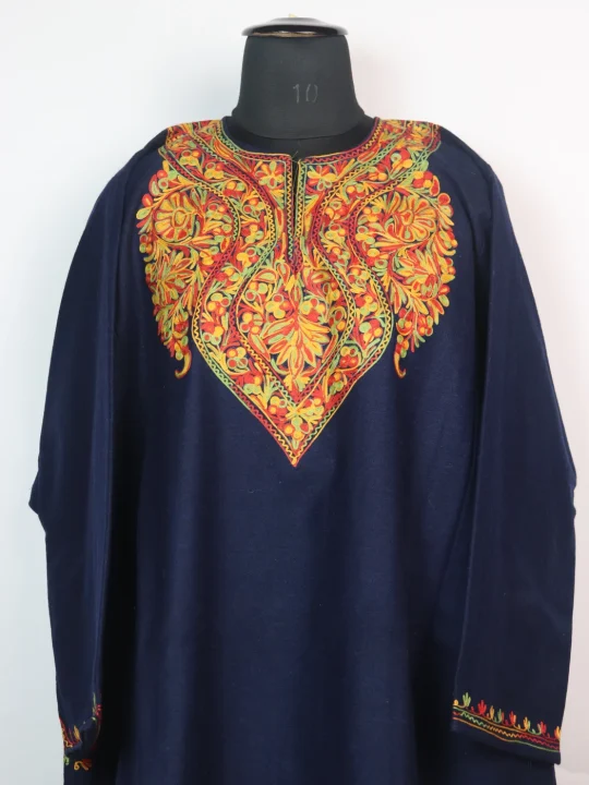 Aiman Kashmiri Pheran In Tweed Wool With Aari Embroidery | Navy Blue - Image 2