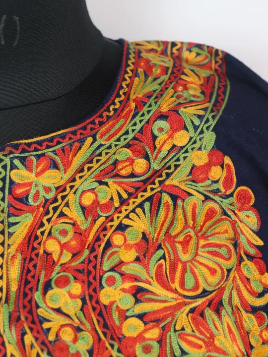Aiman Kashmiri Pheran In Tweed Wool With Aari Embroidery | Navy Blue - Image 3