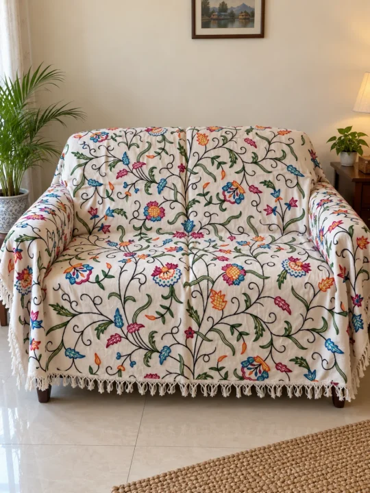 Nusrat Kashmiri Sofa Throw Cover In Hand Crewel Embroidery