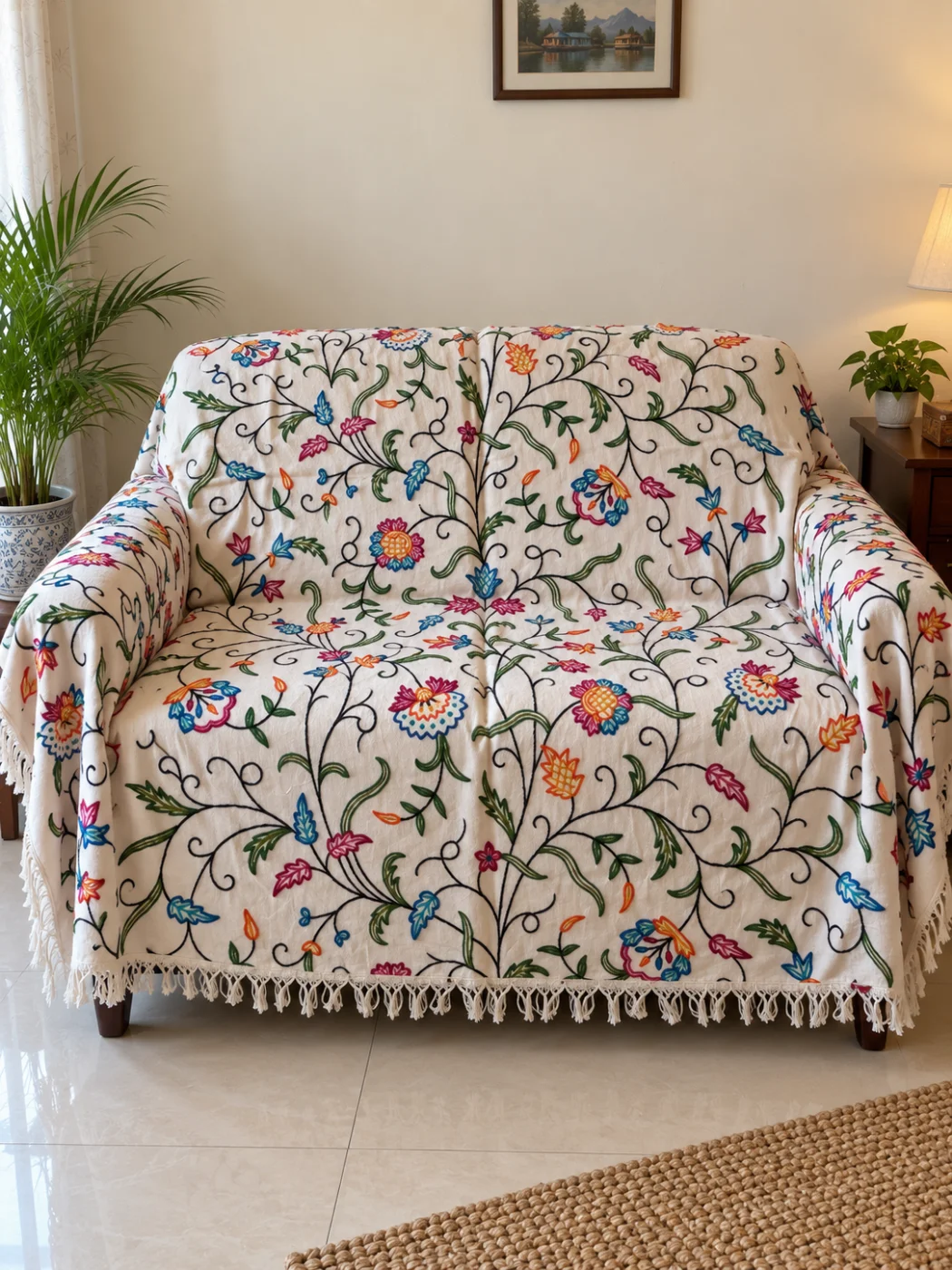 Nusrat Kashmiri Sofa Throw Cover In Hand Crewel Embroidery