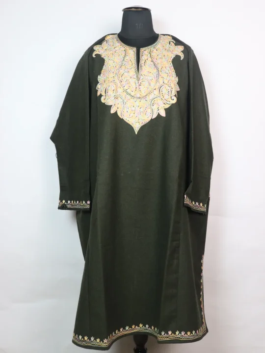 Rabia Kashmiri Pheran In Tweed Wool With Aari Embroidery | Olive Green